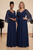 Navy A Line Beaded Chiffon Choir Dress with 3/4 Sleeves