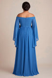 Off The Shoulder Blue Sheath Chiffon Plus Size Mother of the Bride Dress