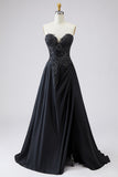 Black A-Line Satin Sweetheart Long Prom Dress with Lace Appliques