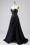 Black Sweetheart A-Line Satin Long Plus Size Prom Dress with Slit