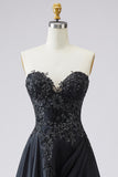Black Sweetheart A-Line Satin Long Plus Size Prom Dress with Slit