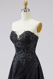Black A-Line Satin Sweetheart Long Prom Dress with Lace Appliques