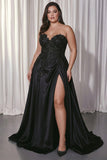 Black A-Line Satin Sweetheart Long Prom Dress with Lace Appliques