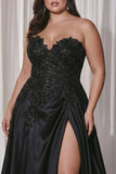 Black Sweetheart A-Line Satin Long Plus Size Prom Dress with Slit
