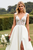 Ivory A Line Lace V Neck Wedding Dress with Slit