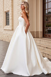 Strapless A Line Ivory Satin Ruched Wedding Dress