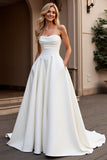 Strapless A Line Ivory Satin Ruched Wedding Dress