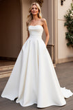 Strapless A Line Ivory Satin Ruched Wedding Dress