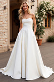 Strapless A Line Ivory Satin Ruched Wedding Dress