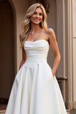 Strapless A Line Ivory Satin Ruched Wedding Dress