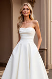 Strapless A Line Ivory Satin Ruched Wedding Dress