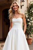 Strapless A Line Ivory Satin Ruched Wedding Dress