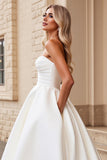 Strapless A Line Ivory Satin Ruched Wedding Dress