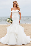 Off the Shoulder Mermaid Ivory Satin Tulle Wedding Dress