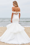 Off the Shoulder Mermaid Ivory Satin Tulle Wedding Dress