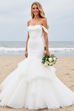 Off the Shoulder Mermaid Ivory Satin Tulle Wedding Dress