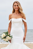 Off the Shoulder Mermaid Ivory Satin Tulle Wedding Dress