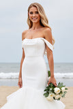 Off the Shoulder Mermaid Ivory Satin Tulle Wedding Dress