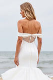 Off the Shoulder Mermaid Ivory Satin Tulle Wedding Dress
