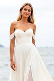 Ivory A Line Off the Shoulder Wedding Dress with Slit