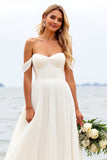 Ivory A Line Off the Shoulder Wedding Dress with Slit