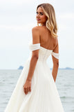 Ivory A Line Off the Shoulder Wedding Dress with Slit