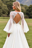 Long Sleeves A Line Ivory Wedding Dress with Appliqueds