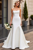 Elegant Strapless Mermaid Ivory Satin Wedding Dress