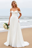 Off the Shoulder Pleated A Line Ivory Wedding Dress