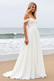 Off the Shoulder Pleated A Line Ivory Wedding Dress