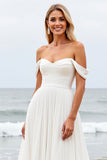 Off the Shoulder Pleated A Line Ivory Wedding Dress
