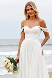 Off the Shoulder Pleated A Line Ivory Wedding Dress