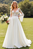 Ivory Lace Long Sleeves V Neck A Line Chiffon Wedding Dress