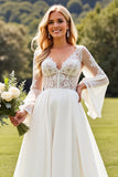 Ivory Lace Long Sleeves V Neck A Line Chiffon Wedding Dress