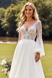 Ivory Lace Long Sleeves V Neck A Line Chiffon Wedding Dress