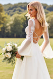 Ivory Lace Long Sleeves V Neck A Line Chiffon Wedding Dress