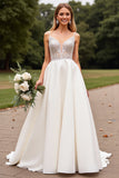 Satin Lace Ivory Spaghetti Straps A Line Weding Dress with Beading