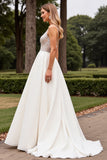 Satin Lace Ivory Spaghetti Straps A Line Weding Dress with Beading