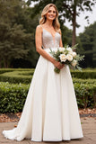 Satin Lace Ivory Spaghetti Straps A Line Weding Dress with Beading