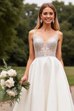 Satin Lace Ivory Spaghetti Straps A Line Weding Dress with Beading