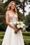 Satin Lace Ivory Spaghetti Straps A Line Weding Dress with Beading