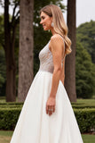 Satin Lace Ivory Spaghetti Straps A Line Weding Dress with Beading