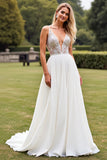 Chiffon Lace Ivory Appliques Deep V Neck A Line Wedding Dress