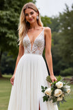 Chiffon Lace Ivory Appliques Deep V Neck A Line Wedding Dress