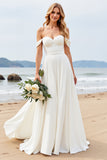 Ivory Chiffon A Line Pleated Off The Shoulder Wedding Dress
