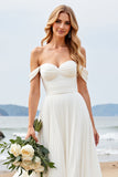 Ivory Chiffon A Line Pleated Off The Shoulder Wedding Dress