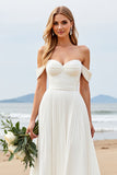 Ivory Chiffon A Line Pleated Off The Shoulder Wedding Dress