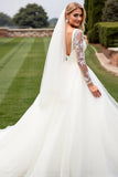 Ivory Lace Long Sleeves A Line Organza Wedding Dress