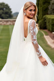 Ivory Lace Long Sleeves A Line Organza Wedding Dress