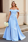 Light Blue Off the Shoulder A Line Satin Ruched Wedding Dress